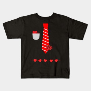 Valentine Tie Tux Costume Funny Valentine Tuxedo Red Tie With Rose Kids T-Shirt